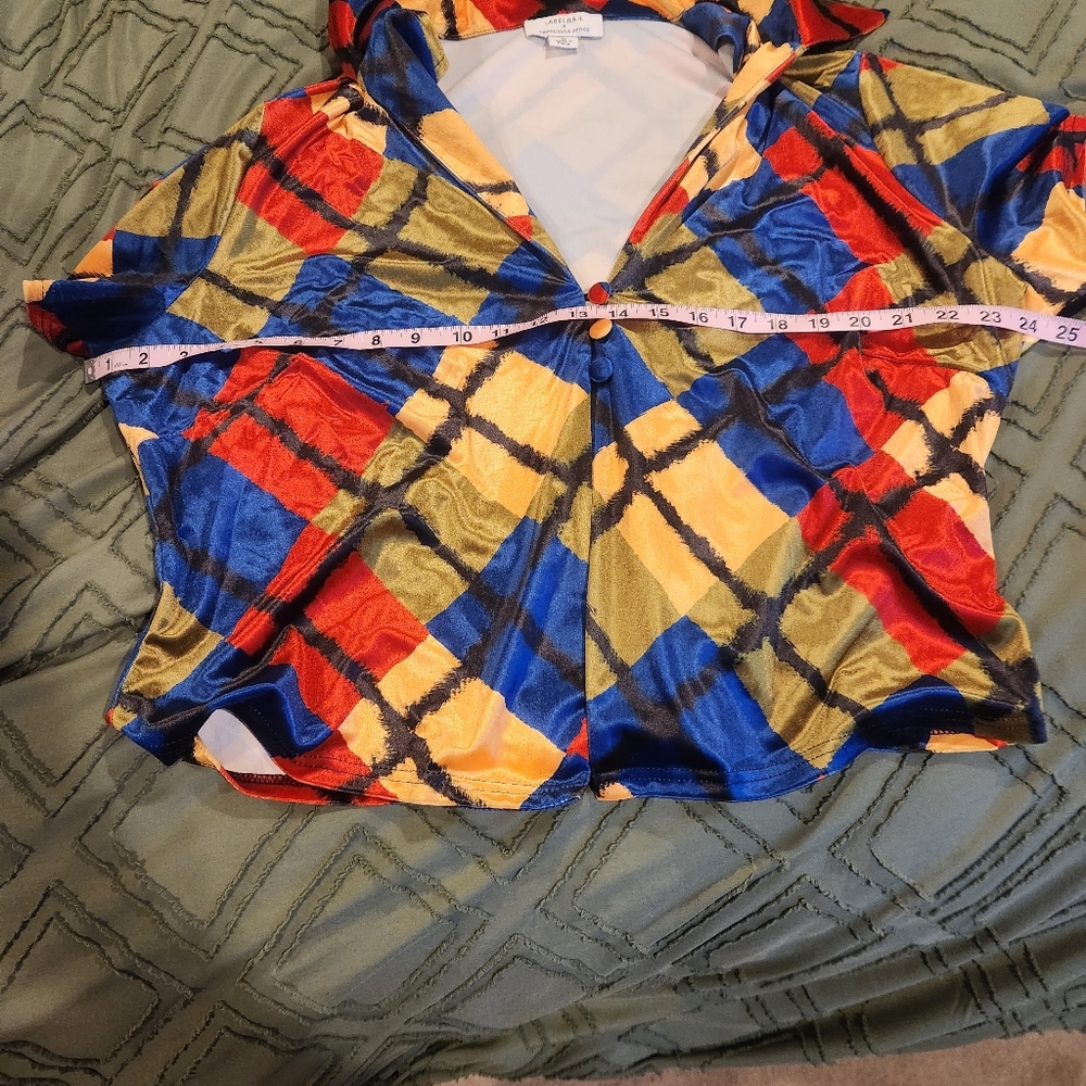 Labelrail X Francesca Perks red, blue, green, gold, and black blouse. - Picture 5 of 9